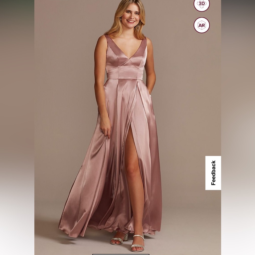 David’s Bridal | charmeuse tank v-neck bridesmaid dress with slit | Size: 10